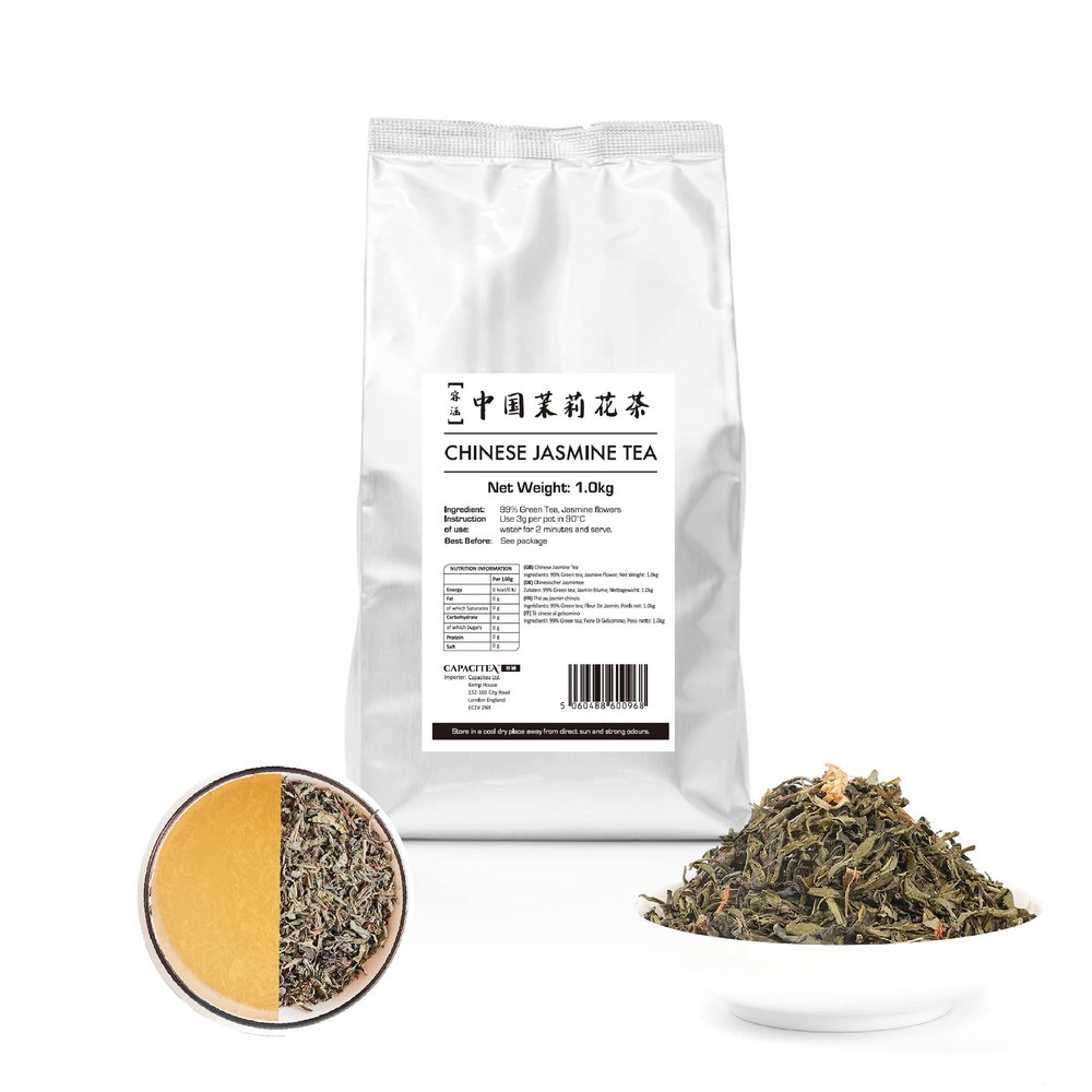 Capacitea Loose Leaf Chinese Green Tea Flavoured with Jasmine Flowers - Low Caffeine - Bulk Size Wholesale Pack - Ideal for Restaurants, Cafes & Catering - 1.0kg