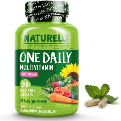 Womens Multivitamin One Daily | 240 Vegan Capsules (8 Month Supply) | 30 Essential Vitamins & Minerals, Whole Food with Fruit & Veg Extracts, with Iron, Gentle, No Tablets | NATURELO