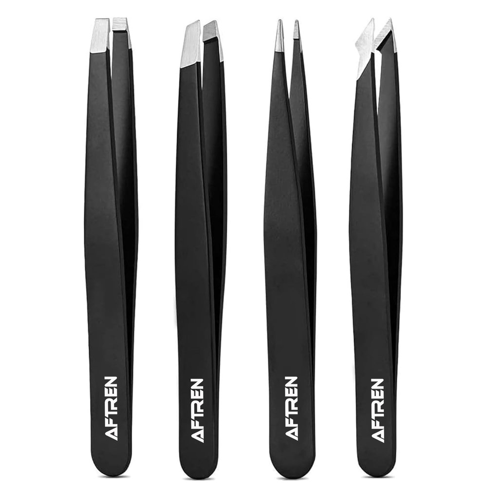 AFTREN Eyebrow Hair Tweezers Set Stainless Steel Best Precision Tweezer for Eyebrows Plucking, Facial Hair and Blackhead Ingrown Hair Remover, Daily Beauty Tool for Women 4p Set (Black)
