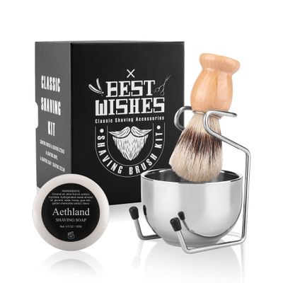 Aethland Shaving Brush Set for Men, 4 in 1 Include 100g Shaving soap, Badger Shaving Brush and Stainless Steel Shaving Stand & Shaving Bowl for Husband Father Birthday Boyfriend GiftsUpgrade W)