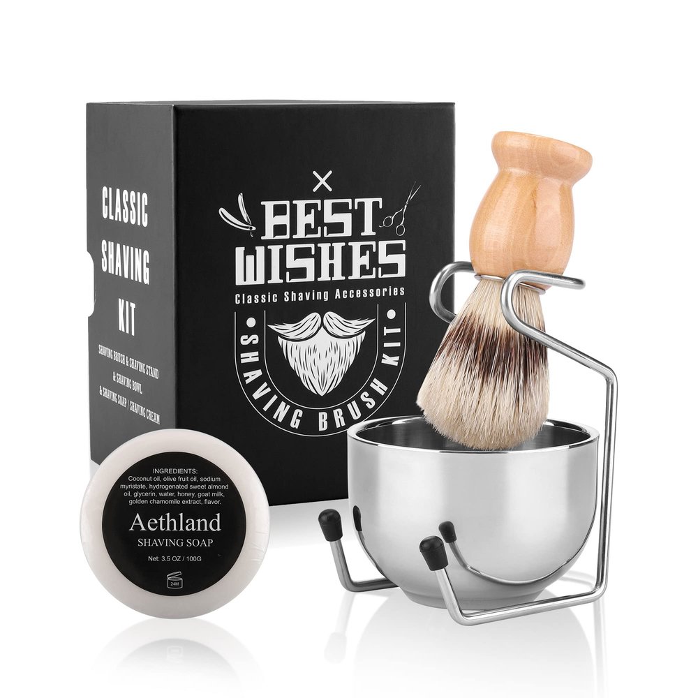 Aethland Shaving Brush Set for Men, 4 in 1 Include 100g Shaving soap, Badger Shaving Brush and Stainless Steel Shaving Stand & Shaving Bowl for Husband Father Birthday Boyfriend GiftsUpgrade W)