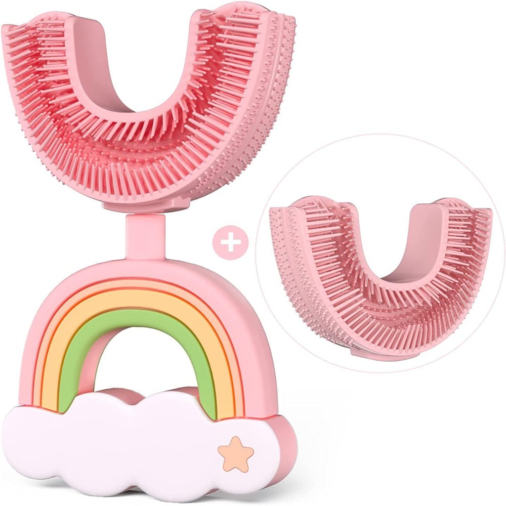 Funthy U-Shaped Kids Toothbrush, Manual Training Toothbrush with Food Grade Soft Silicone Toothbrush, 360 Oral Teeth Cleaning Design for Children Infant and Toddler -Pink||7-14 years