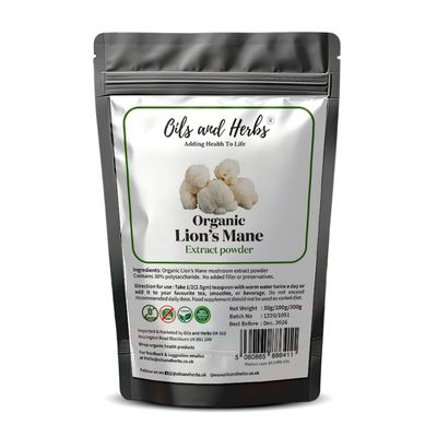 Organic Lion Mane Mushroom Extract Powder Contains Polysaccharide 30% by Oils and Herbs UK