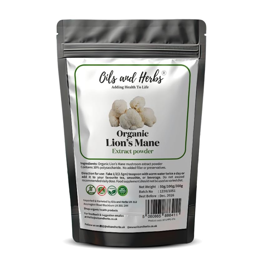 Organic Lion Mane Mushroom Extract Powder Contains Polysaccharide 30% by Oils and Herbs UK