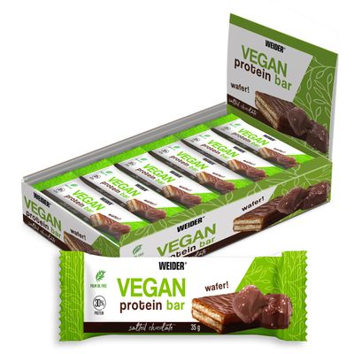 Weider Vegan Protein Bar (12x35g) Salted Chocolate Flavour. 100% Vegan Wafer Bar with 30% Pea and Rice Proteins, Crispy and Coated with Dark Chocolate. Palm oil free