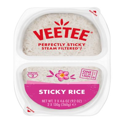 VEETEE Microwavable Sticky Rice Twin Pot, Quick Cook Cupboard Food, Low Sodium, Wheat-Free, No Artificial Colours, Flavours or Preservatives, 260 g (Pack of 6)