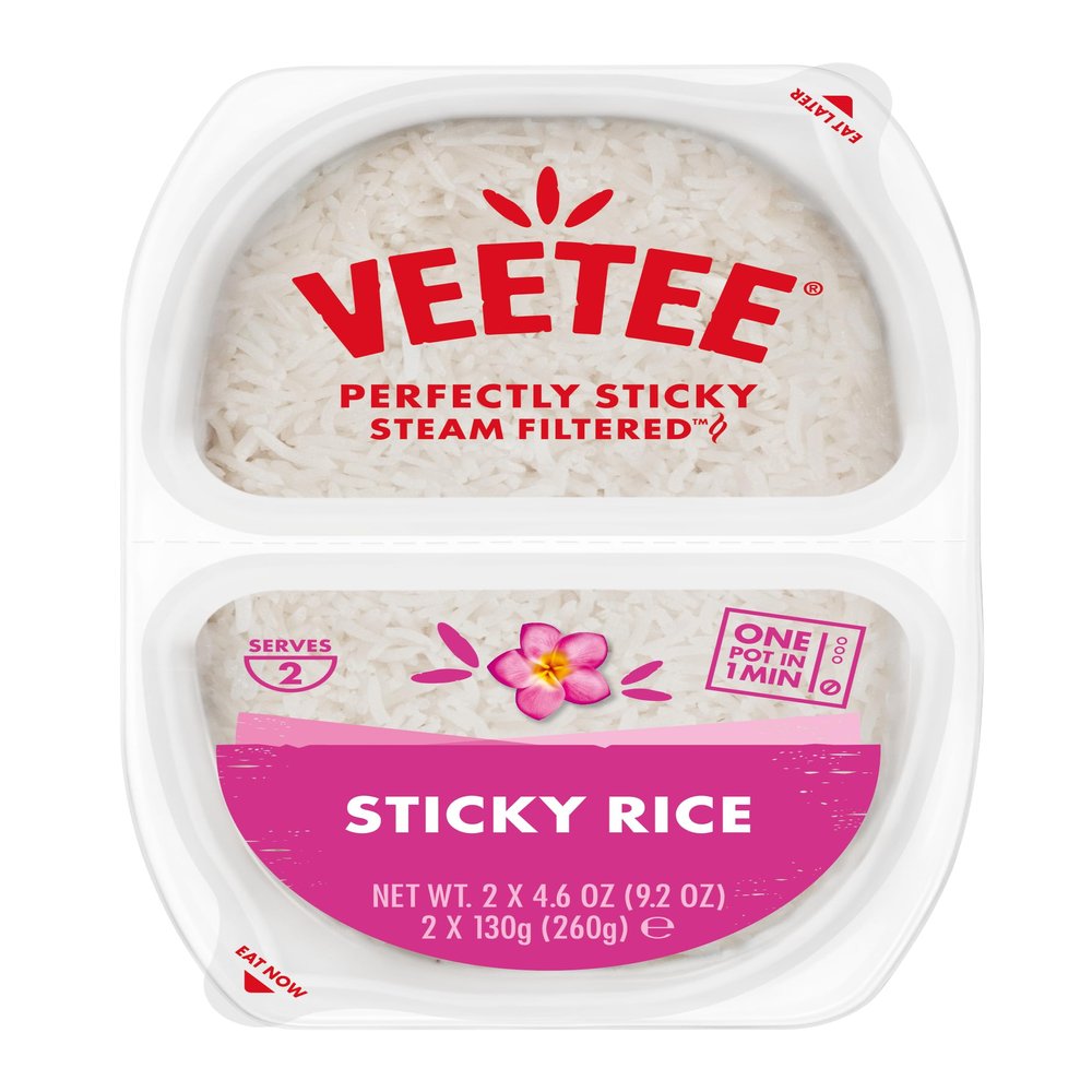VEETEE Microwavable Sticky Rice Twin Pot, Quick Cook Cupboard Food, Low Sodium, Wheat-Free, No Artificial Colours, Flavours or Preservatives, 260 g (Pack of 6)