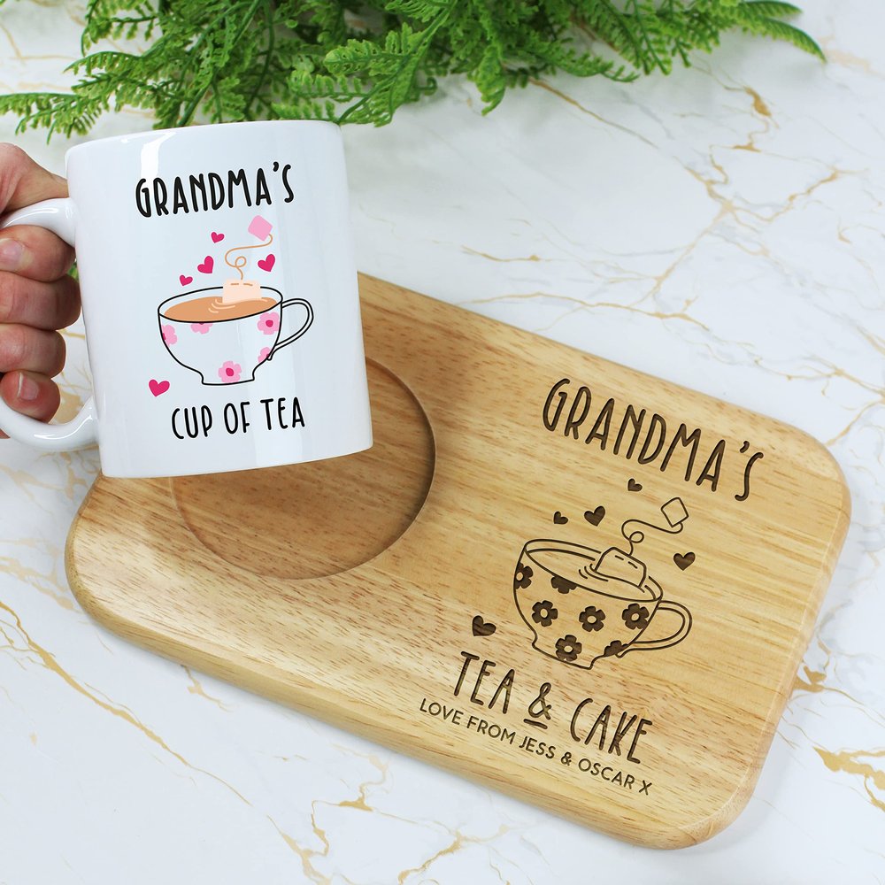 eBuyGB Personalised Grandma's Tea & Cake Board & Mug Set, Mother's Day, Birthday Gifts for Granny, Nana, Gran