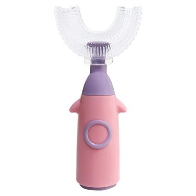 ISAKEN U-Shaped Toothbrush, Whole Mouth Teeth Brush Soft Silicone Toothbrush, Manual Toothbrushes All-Round Cleaning Oral Teeth Care for Kids Toddlers 1-8 Years (Pink)