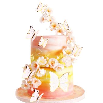 Blumomon 30Pcs White Gold Edge Mixed Size Lively 3D Butterfly Cupcake Topper for Girls Women's Happy Birthday Wedding Party Cake Wall Party Food Decorations