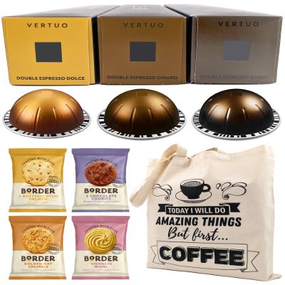 Coffee Pod Variety Pack for Nespresso Vertuo Machine - Double Espresso Selection Chiaro, Scuro, Dolce - 3 Boxes (30 Pods) Bundled with Border Biscuits and Reusable Tote Bag