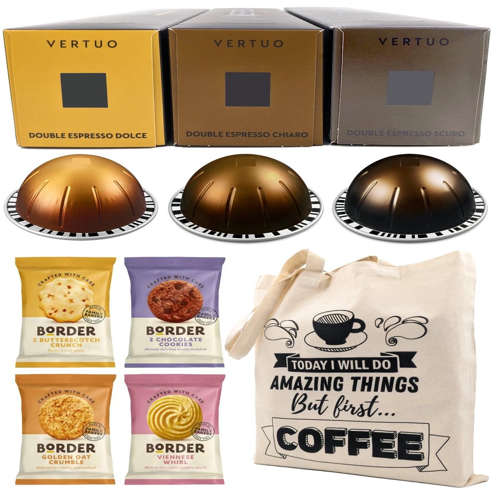 Coffee Pod Variety Pack for Nespresso Vertuo Machine - Double Espresso Selection Chiaro, Scuro, Dolce - 3 Boxes (30 Pods) Bundled with Border Biscuits and Reusable Tote Bag