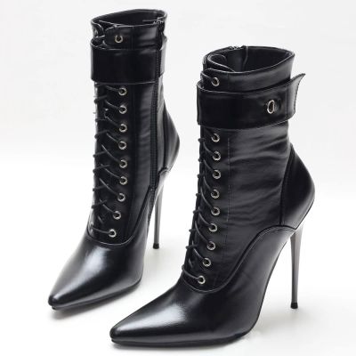 APOTIKENBST High Heels Sexy Women's Short Boots 14CM Stiletto Pointed Ankle Boots,Black-39