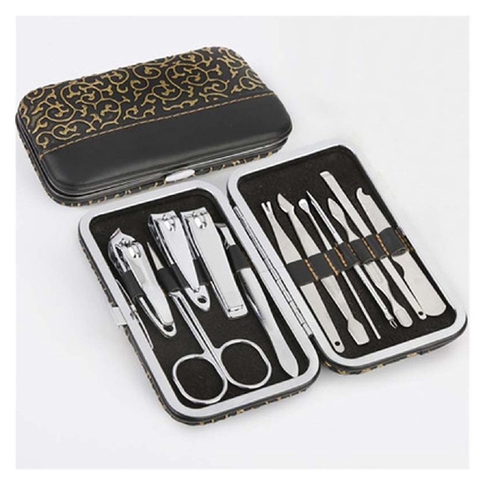 12Pcs Stainless Steel Nail Care Tool Sets Manicure Set And Kit Pedicure Scissor Tweezer Knife Ear Pick Utility Nail Clipper Kit (Color : Golden black)