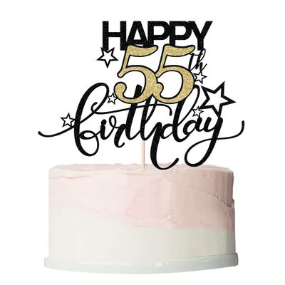 Bekaterea Happy Birthday Cake Topper,Black font Golden Numbers 55th Birthday Cake DecorationHello 55, Cheers to 55Years/55th Anniversary 55& Fabulous Party Decoration