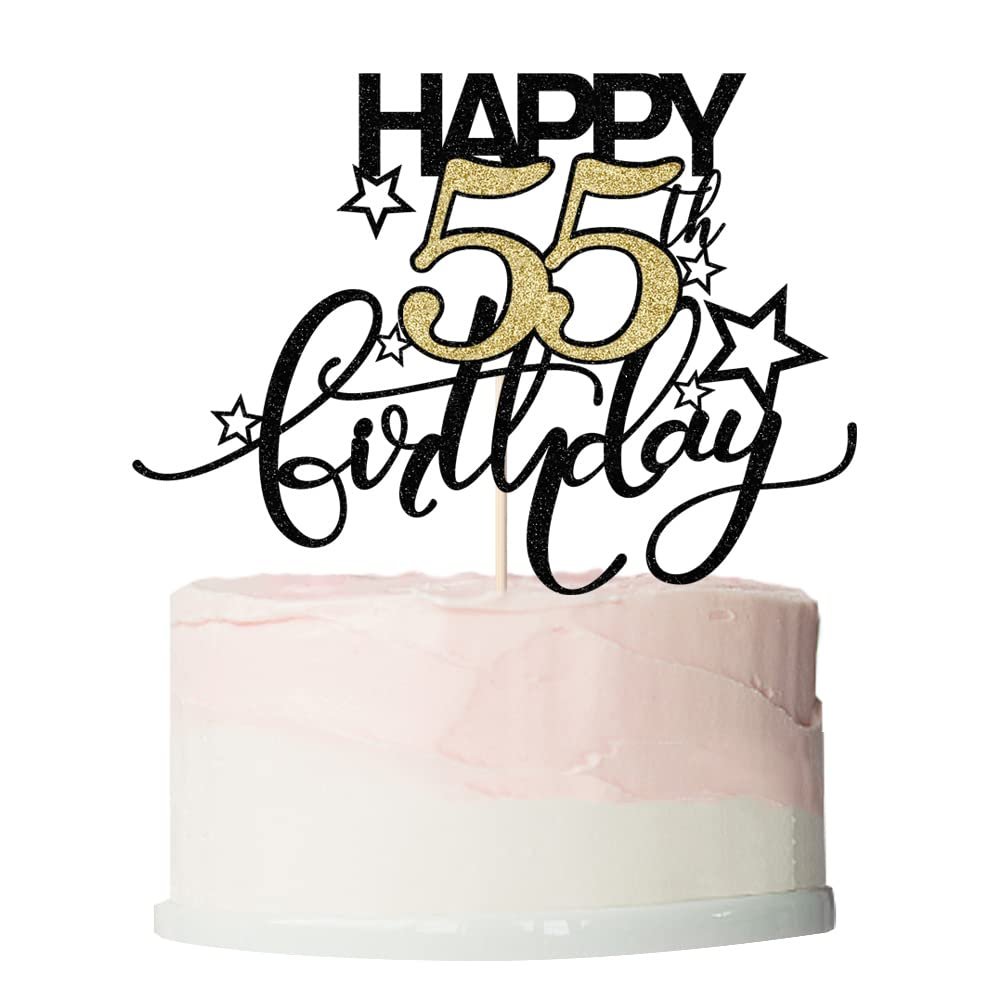 Bekaterea Happy Birthday Cake Topper,Black font Golden Numbers 55th Birthday Cake DecorationHello 55, Cheers to 55Years/55th Anniversary 55& Fabulous Party Decoration