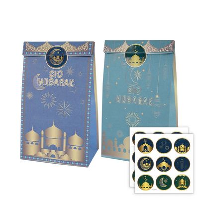 12 Pack Eid Mubarak Favor moon Gift Paper Bags with 18 Stickers Ramadan Star Moon Castle Patterns Candy Cookies Package Muslim Islam Party Decor (blue)