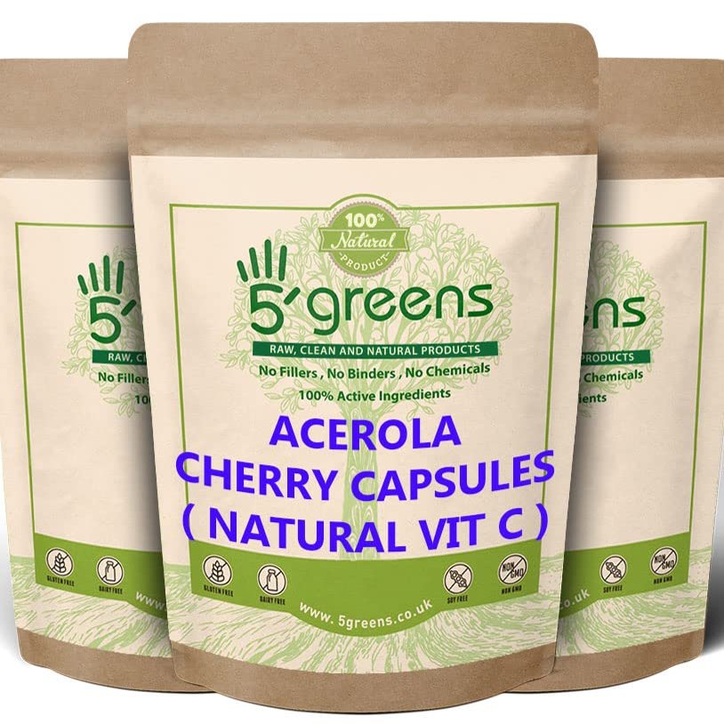 Acerola Cherry Extract Capsules Natural Vitamin C - Pure 100% Natural and Highly Absorbable Source of VIT C  Manufactured by 5greens in The UK (60 Capsules)
