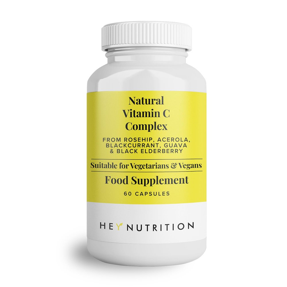 Hey Nutrition Natural Vitamin C 250mg Complex from Rosehip, Acerola, Blackcurrant, Guava, and Elderberry - Immune Function, Stress, Metabolic Health, & Fatigue - Non-GMO, 60 Vegan Capsules
