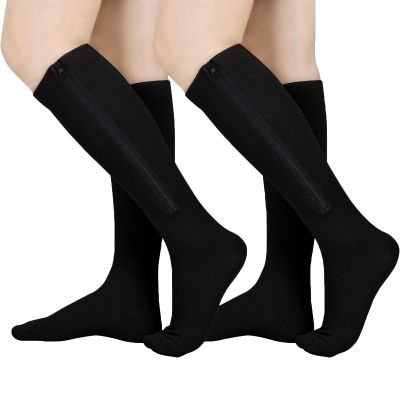 2 Pairs Zipper Compression Socks Women and Men, Closed Toe Compression Stocking, 20-30 mmHg Knee high compression socks for Edema, Varicose Veins, Swollen Sore, Black, XXL