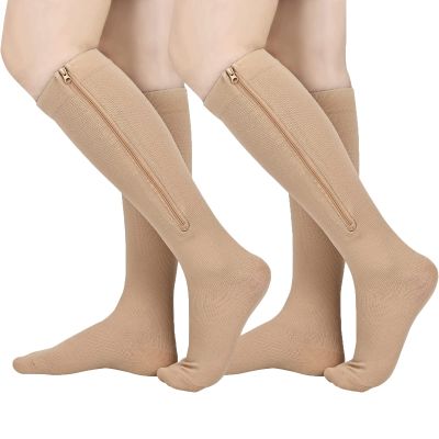 2 Pairs Zipper Compression Socks Women and Men, Closed Toe Compression Stocking, 15-20 mmHg Knee high compression socks for Edema, Varicose Veins, Swollen Sore, Beige, XXL