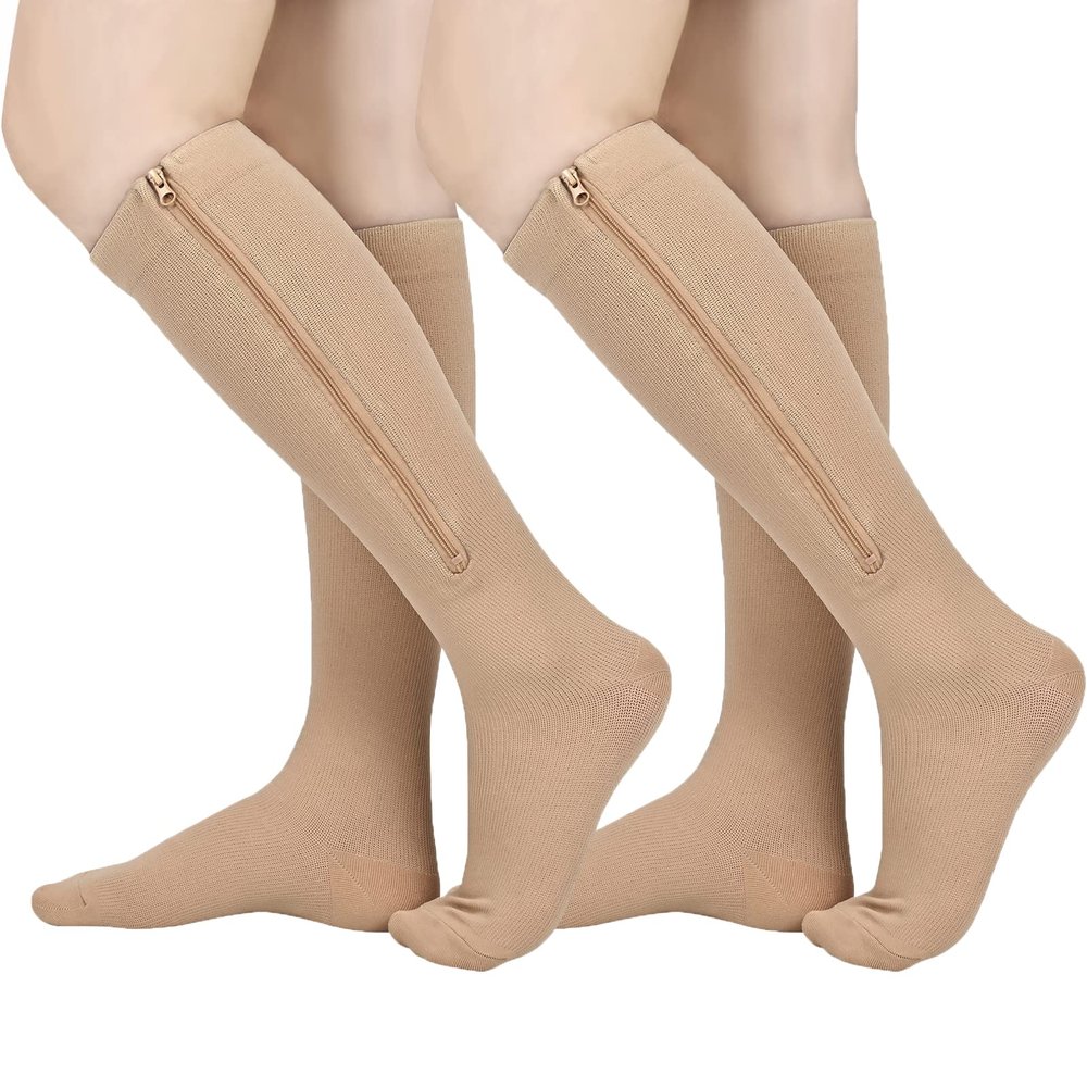 Athbavib 2 Pairs Zipper Compression Socks Women and Men, Closed Toe Compression Stocking, 15-20 mmHg Knee high compression socks for Edema, Varicose Veins, Swollen Sore, Beige, S-M