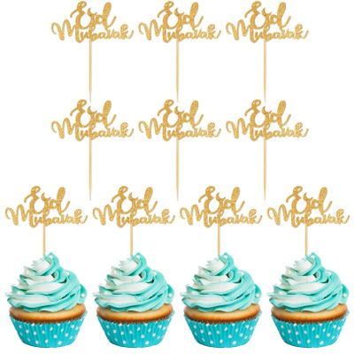 10pcs Eid Mubarak Cake Topper Gold Glitter Muslim Islamic Topper eid Mubarak Decorations Eid Mubarak Cupcake Topper Ramadan Kareem Party Supplies