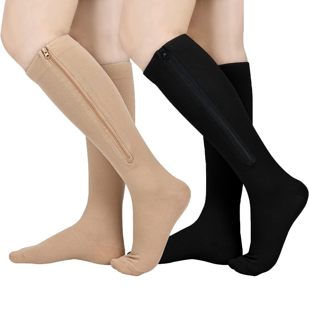 2 Pairs Zipper Compression Socks Women and Men, Closed Toe Compression Stocking, 20-30 mmHg Knee high compression socks for Edema, Varicose Veins, Swollen Sore, Multicolor, Medium