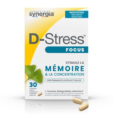 D-STRESS FOCUS 30 tablets | L-Tyrosine, Ginkgo biloba and Vitamin C | Stimulates memory and concentration | Vegan, Gluten free, Soy free, GMO free | Origin France | Laboratoire SYNERGIA