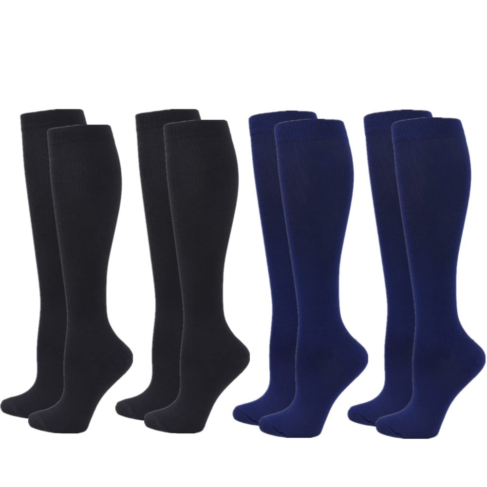 Compression Socks for Women Men, 4 Pairs 20-25mmHg Flight Socks Compression Stockings for Sport, Athletic, Edema, Diabetic, Varicose Veins, Travel, Pregnancy, Nursing (L/XL, Black Black Blue Blue)