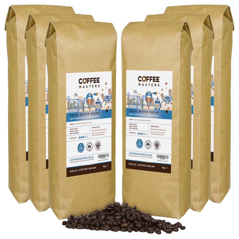 Coffee Masters Swiss Water Decaf Coffee Beans (6x1kg) - 100% Arabica Naturally Decaffeinated Bean - Great Taste Award Winner