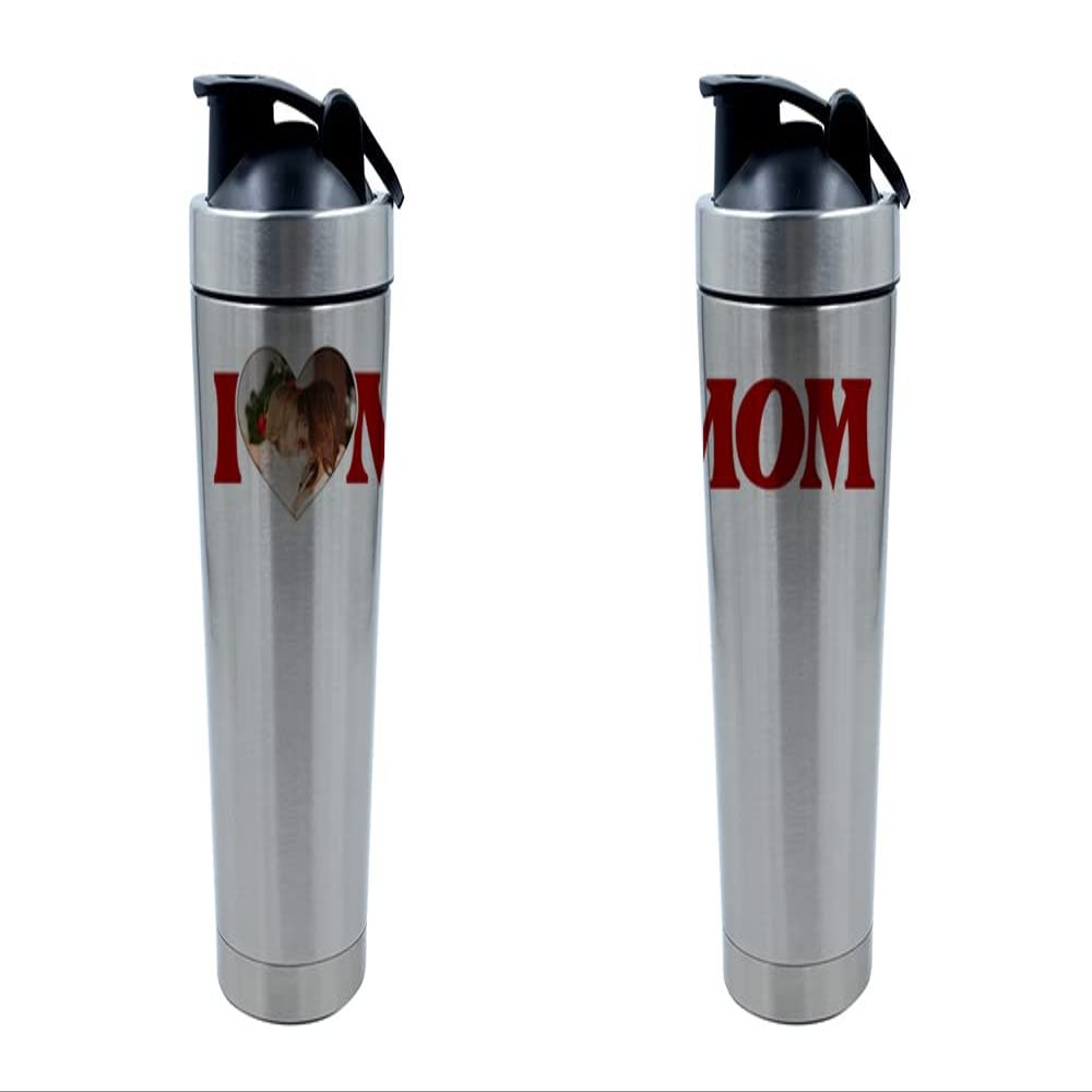Getagift 500ml Aluminium Shaker Bottle for Supplement Shakes - Easy Clean, Durable Cup Mothers Day Personalised I LOVE MOM Any Image, Birthday,Christmas. (Silver)