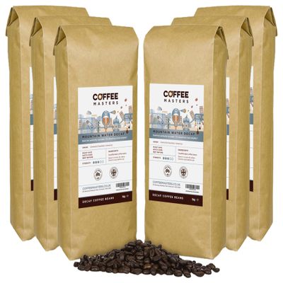 Coffee Masters Mountain Water Decaf Coffee Beans 6 x 1kg  100% Arabica - Roasted Whole Bean in Bulk, Ideal for Espresso Machines - Decaffeinated, Bold, and Strong Flavour