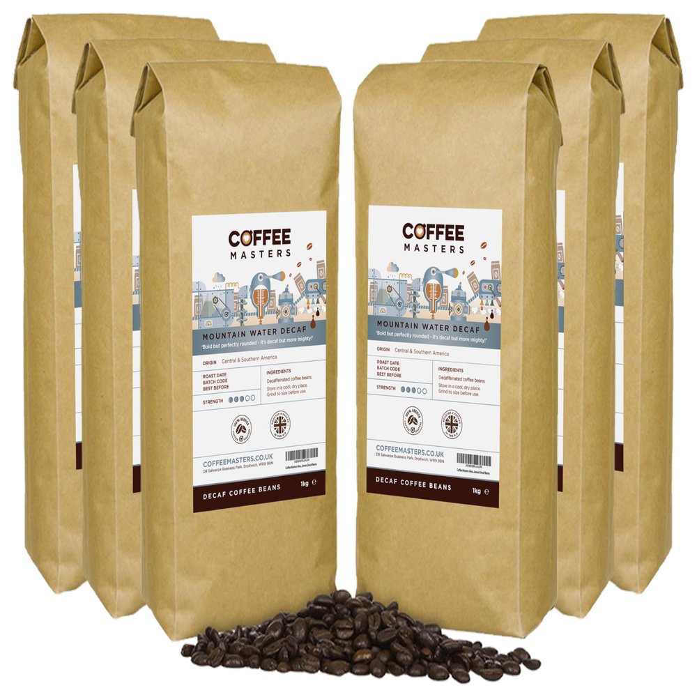 Coffee Masters Mountain Water Decaf Coffee Beans 6 x 1kg  100% Arabica - Roasted Whole Bean in Bulk, Ideal for Espresso Machines - Decaffeinated, Bold, and Strong Flavour