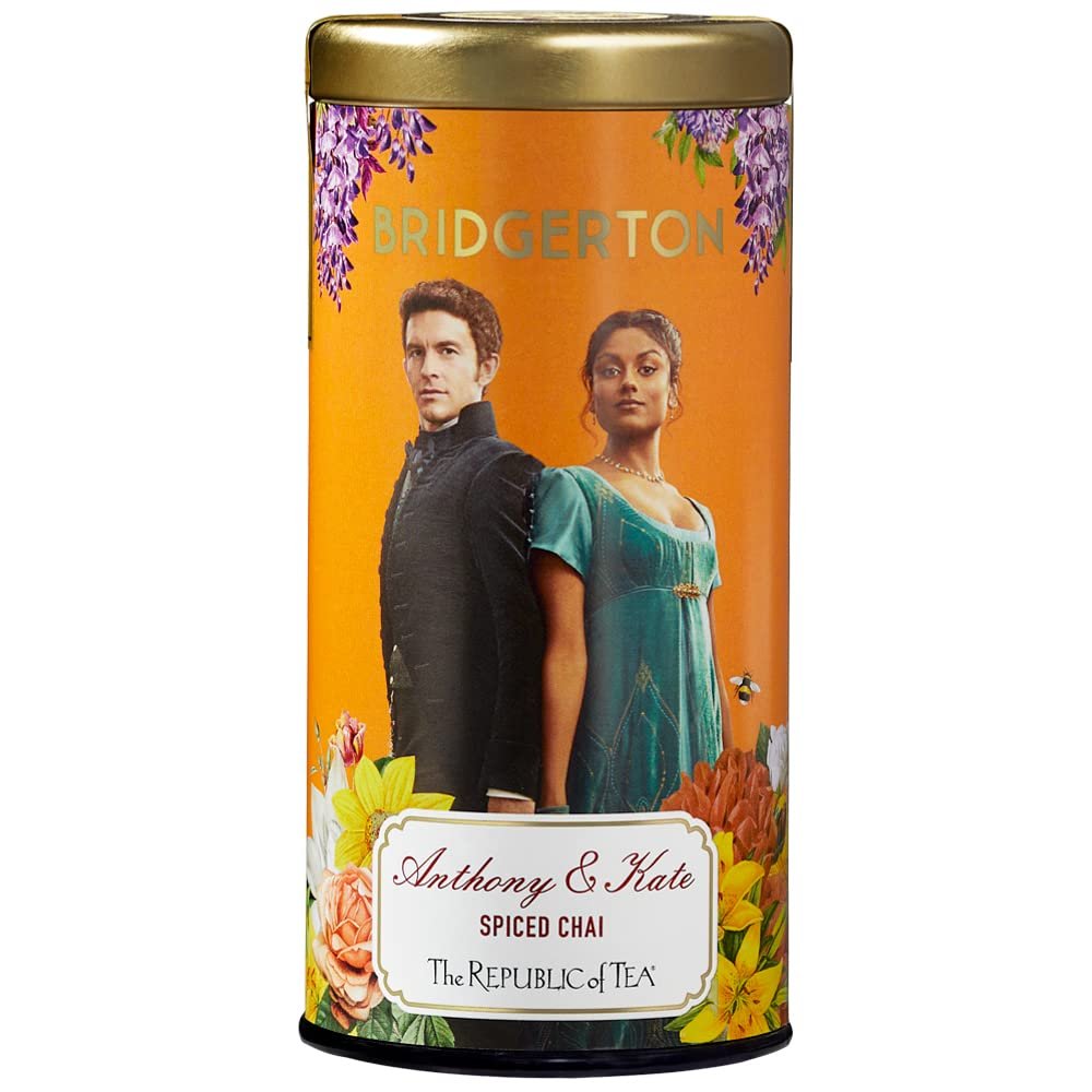The Republic of Tea Bridgerton Anthony & Kate Spiced Chai, 36 tea bags in metal tin - Exotic chai tea with Bridgerton look storage tin