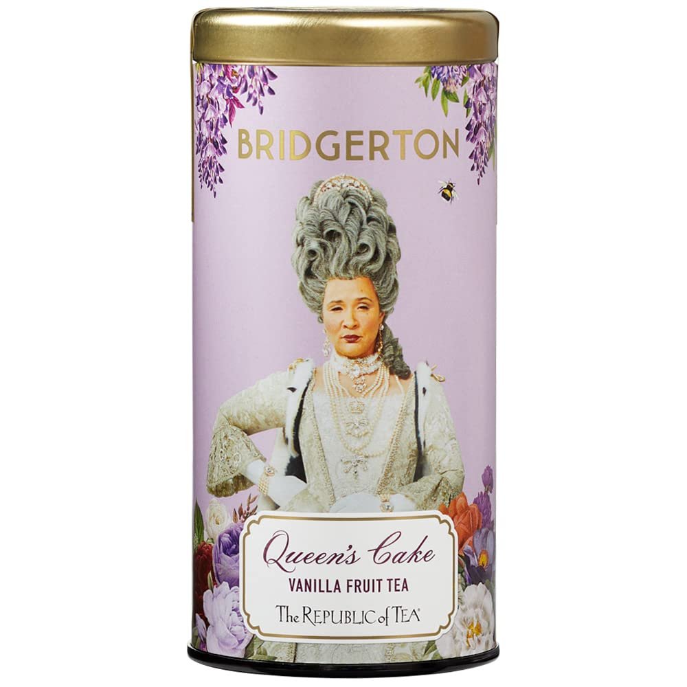 The Republic of Tea Bridgerton Queen's Cake Vanilla Fruit Tea, 36 tea bags in metal tin - Fruity rooibos tea with vanilla in a chic metal tin with Bridgerton design