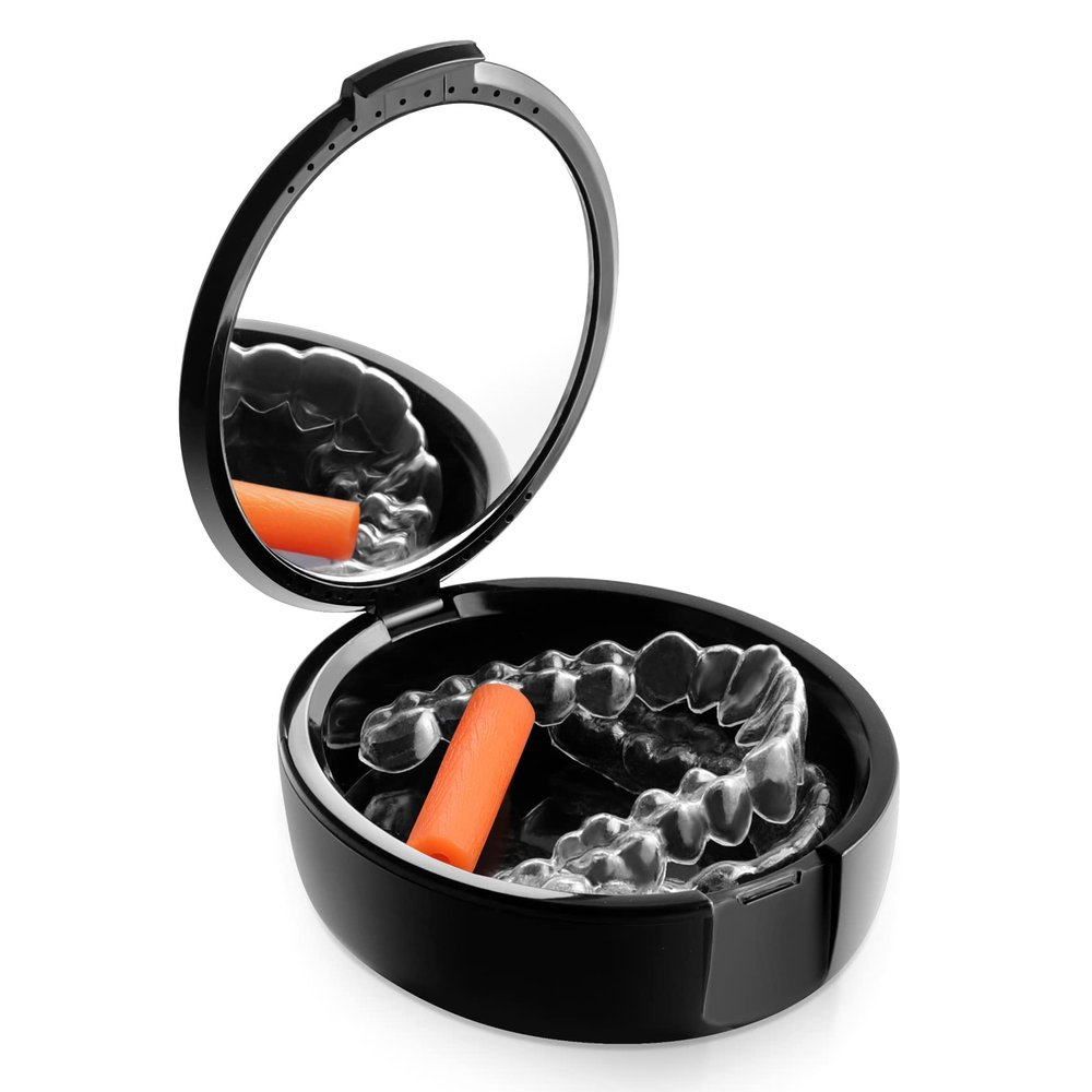 Annhua Denture Box Built-in Mirror Retainer Case with 24 Vent Holes, ABS Retainer Box Black Washable False Teeth Container for Denture, Invisible Aligner, Mouth Guard Brace - 2.93.2 Inches