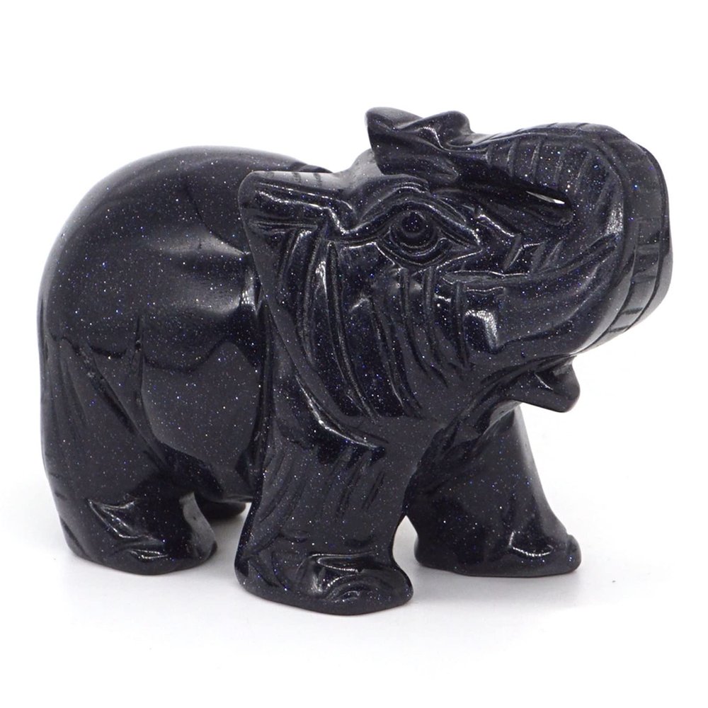 YEJIANGHUA 4" Elephant Statue Blue Goldstone Sand Crystal Carved Reiki Healing Quartz Stone Animal Figurine Crafts Home Decoration Natural