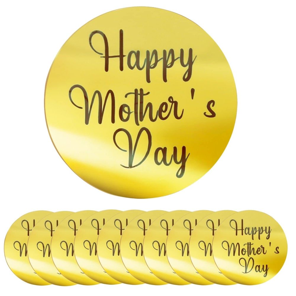 10 Pieces Happy Mother's Day Acrylic Cupcake Toppers Round Mirror Engraved Cake Topper Cupcake Decorations for Birthday Party (Gold)