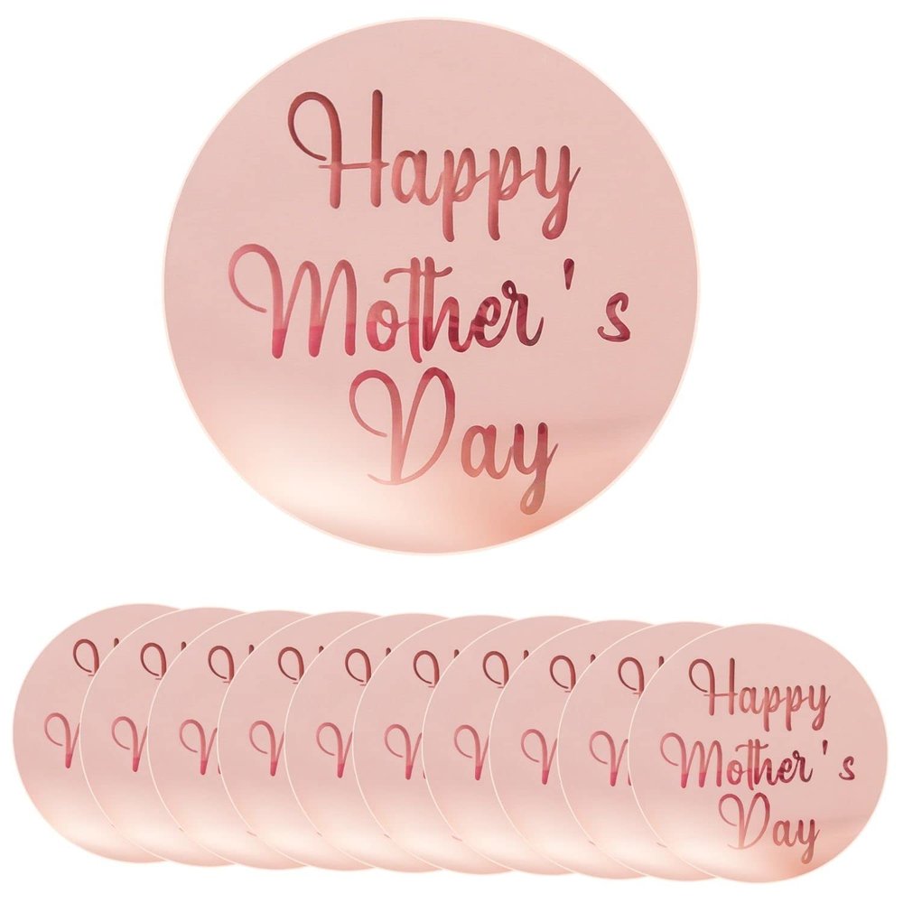 10 Pieces Happy Mother's Day Acrylic Cupcake Toppers Round Mirror Engraved Cake Topper Cupcake Decorations for Birthday Party (Rose Gold)