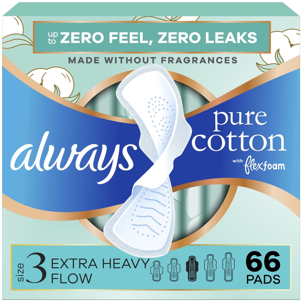 Always Pure Cotton Feminine Pads for Women, FlexFoam Pads with Wings, Size 3, Extra Heavy Flow Absorbency, Unscented, 66 Count (3 Packs of 22)