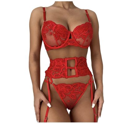 Chemises & Negligees 3 Piece Lingerie Transparent Lace Women's Clothes Red