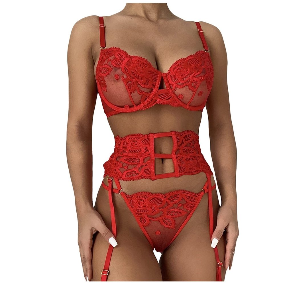 Chemises & Negligees 3 Piece Lingerie Transparent Lace Women's Clothes Red