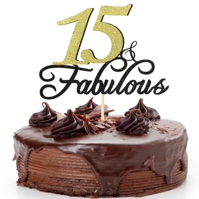 15 & Fabulous Birthday Cake Topper Black Gold Glitter Cake Topper for 15th Happy Birthday Anniversary Party Decoration Supplies