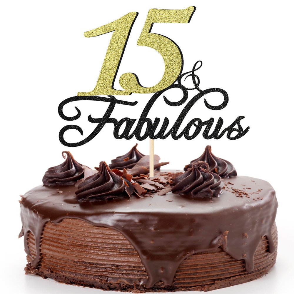 15 & Fabulous Birthday Cake Topper Black Gold Glitter Cake Topper for 15th Happy Birthday Anniversary Party Decoration Supplies