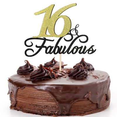 16 & Fabulous Birthday Cake Topper Black Gold Glitter Cake Topper for 16th Happy Birthday Anniversary Wedding Party Decoration Supplies