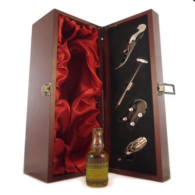 1956 Bottling Green Chartreuse Voiron 5cl miniature in a silk lined wooden box with four wine accessories, 1 x 50ml
