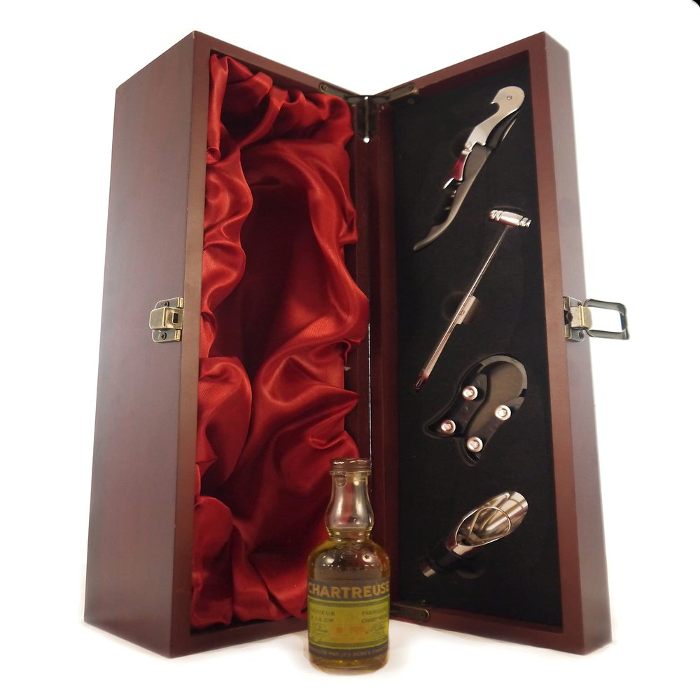 1956 Bottling Green Chartreuse Voiron 5cl miniature in a silk lined wooden box with four wine accessories, 1 x 50ml