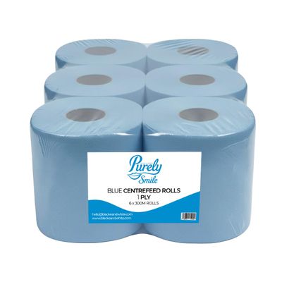 Blake & White Centrefeed Blue Roll - Purely Smile 1 Ply Tissue Roll for Wiping Surfaces & Drying Hands - Strong & Ultra Absorbent Blue Rolls 6 Pack - 300m Per Roll