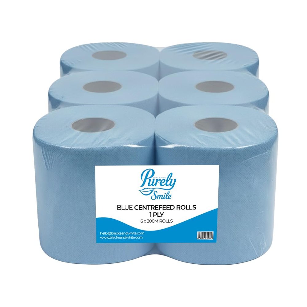 Blake & White Centrefeed Blue Roll - Purely Smile 1 Ply Tissue Roll for Wiping Surfaces & Drying Hands - Strong & Ultra Absorbent Blue Rolls 6 Pack - 300m Per Roll